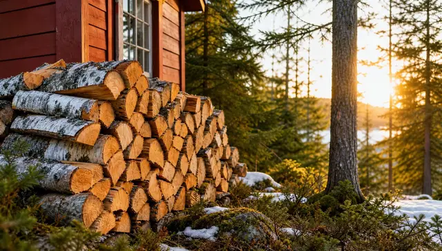 Vedstabel av bjørk utenfor en norsk hytte i kveldslys