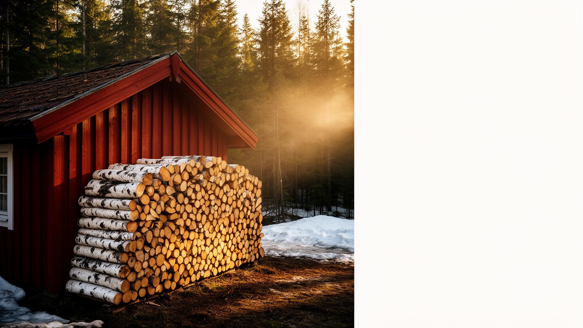 Vedstabel av bjørk utenfor en norsk hytte i kveldslys